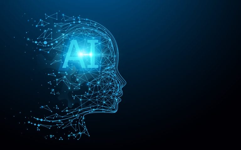AI - Artificial intelligence. Ai digital brain. Robotics concept. Human face made from polygon